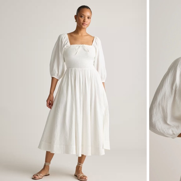 Quince Dresses & Skirts - NWT QUINCE 100% Organic Cotton Gauze Smocked Square Neck Midi Dress White 5058